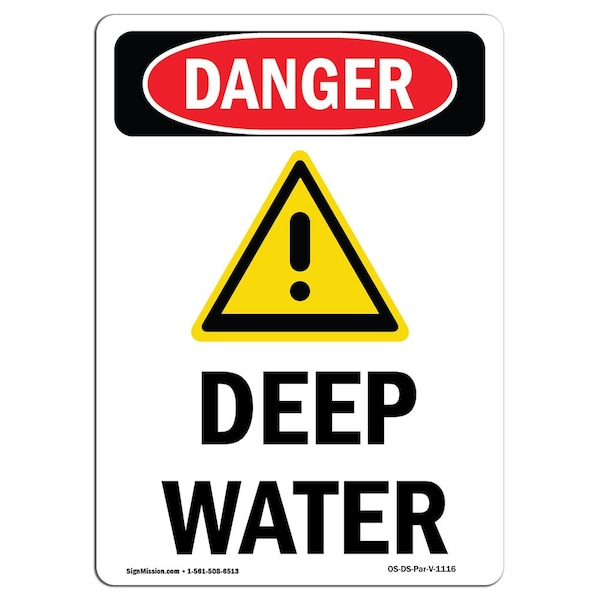 Safety Sign, OSHA Danger, 5" Height, Deep Water, Portrait, 10PK